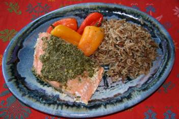 Salmon and Pesto with Peppers and Wild Rice